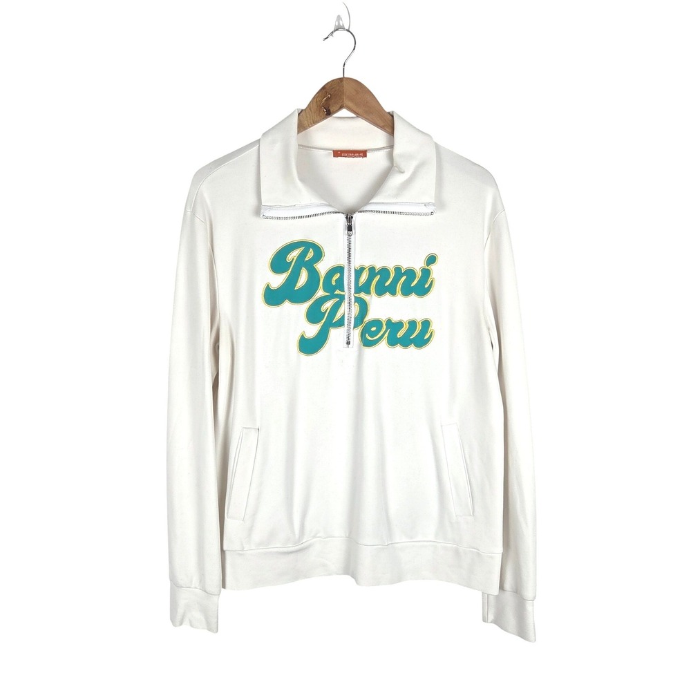Banni Peru Womens White Quarter Zip Pullover Sweatshirt Embroidered Logo Medium